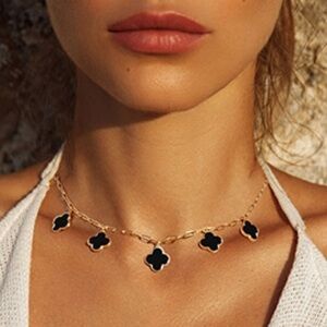 14K Gold Dipped Black/Gold Quatrefoil 5 Station Necklace